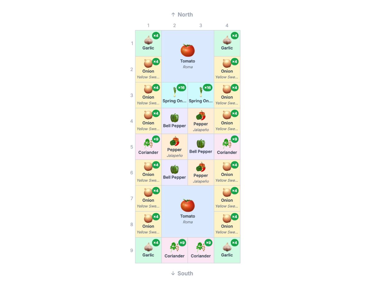 4×9 salsa theme garden layout with Roma tomato, garlic, yellow sweet Spanish onion, coriander, bell pepper, jalapeño and spring onion