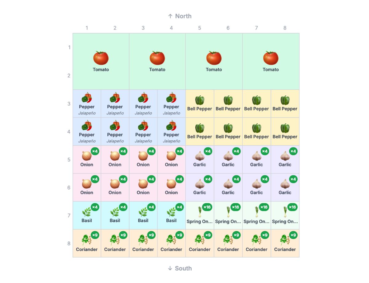 8×8 salsa surplus garden layout with tomato, jalapeño, bell pepper, onion, garlic, basil, spring onion and coriander