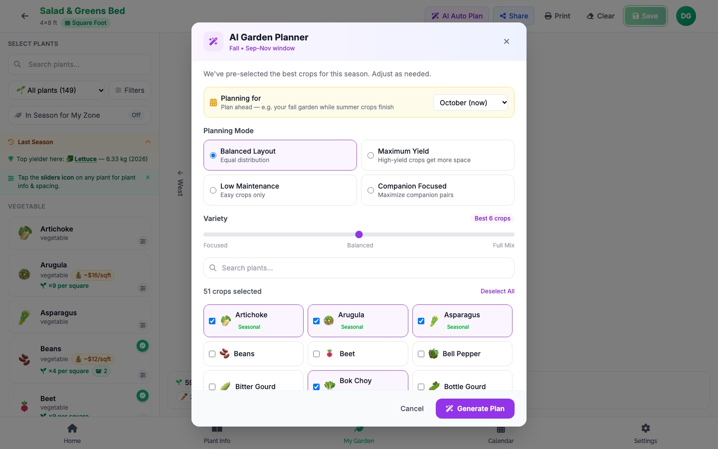 The AI Garden Planner in the EdenVatika app: Planning for October with later months to choose, the four planning modes with Balanced Layout selected, the Variety slider set to Best 6 crops, and the season’s crops pre-selected