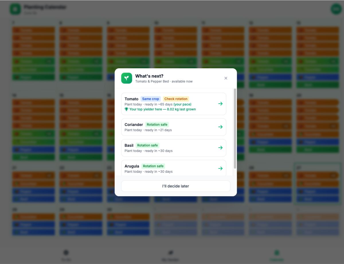 Screenshot of the EdenVatika 'Suggest next crop' panel that appears after marking a planting as harvested in the Planting Calendar. It lists three or four follow-up crops for the freed bed, each row showing the crop name, a coloured tag ('Rotation safe' in green or 'Check rotation' in amber), a recommended seed-start date, and an estimated days-to-harvest.