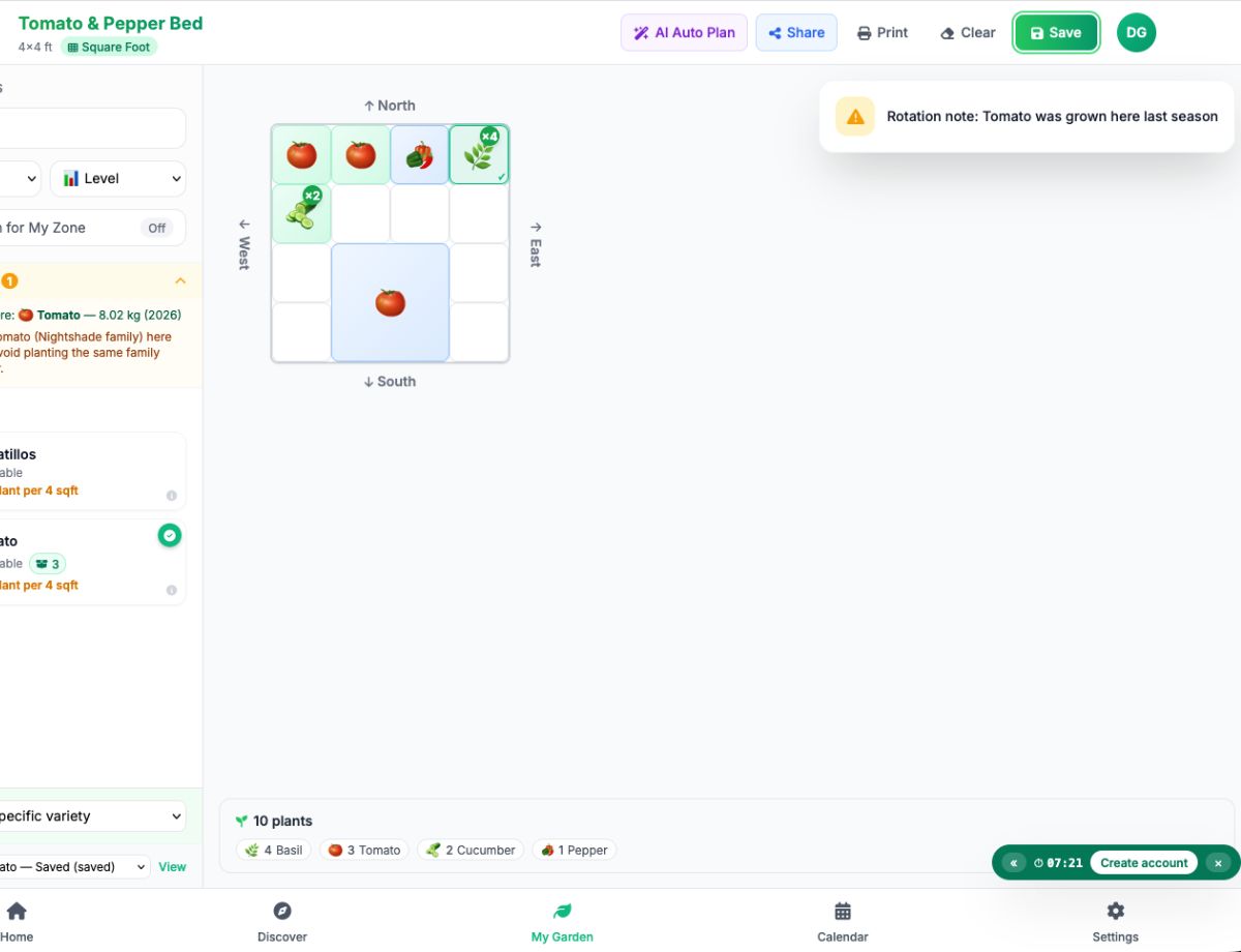 Screenshot of the EdenVatika Garden Designer: a tomato plant has just been dragged into a raised bed, and an amber rotation-warning toast notification appears reading 'Rotation note: Tomato was grown here last season.' The bed grid and plant palette are visible behind it.