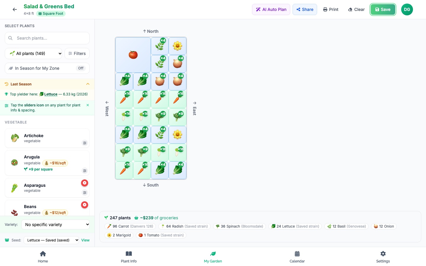 The EdenVatika Garden Designer in the app: plant list on the left, a full 4×8 ft square-foot bed with a tomato in a 2×2 block, basil, marigold, onion, lettuce, carrot, radish and spinach, and a summary of 247 plants worth about $239 of groceries