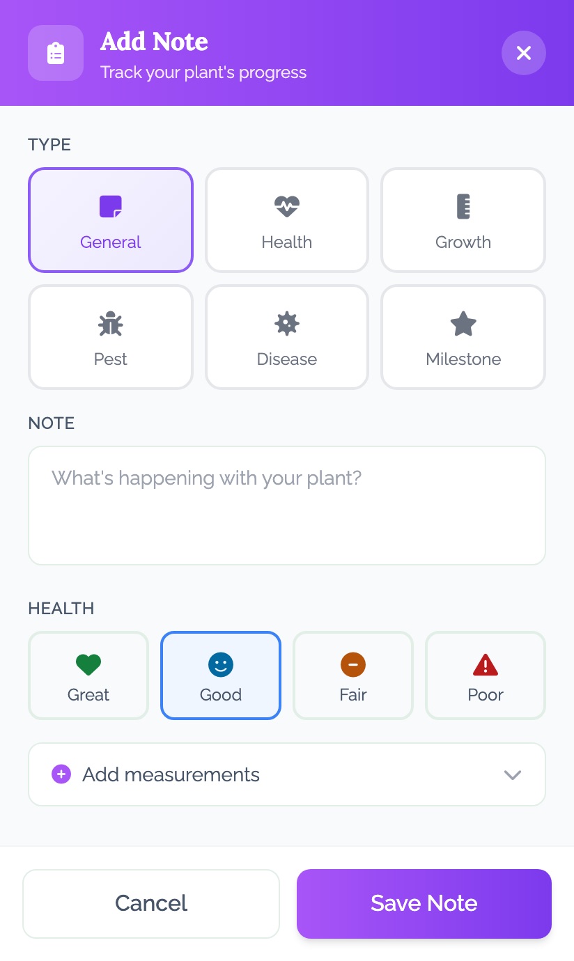 The Add Note screen in the EdenVatika app on an Android phone: note types General, Health, Growth, Pest, Disease and Milestone; a note box; health Great, Good (selected), Fair or Poor; Add measurements; Save Note