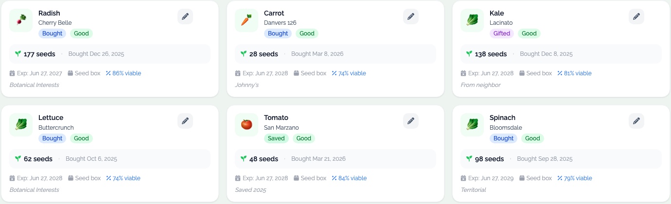 Seed packets in the EdenVatika app: Cherry Belle radish, Danvers 126 carrot, Lacinato kale, Buttercrunch lettuce, San Marzano tomato and Bloomsdale spinach, each showing bought, saved or gifted, Good, number of seeds, expiry date, storage in a seed box, viability percent and a note