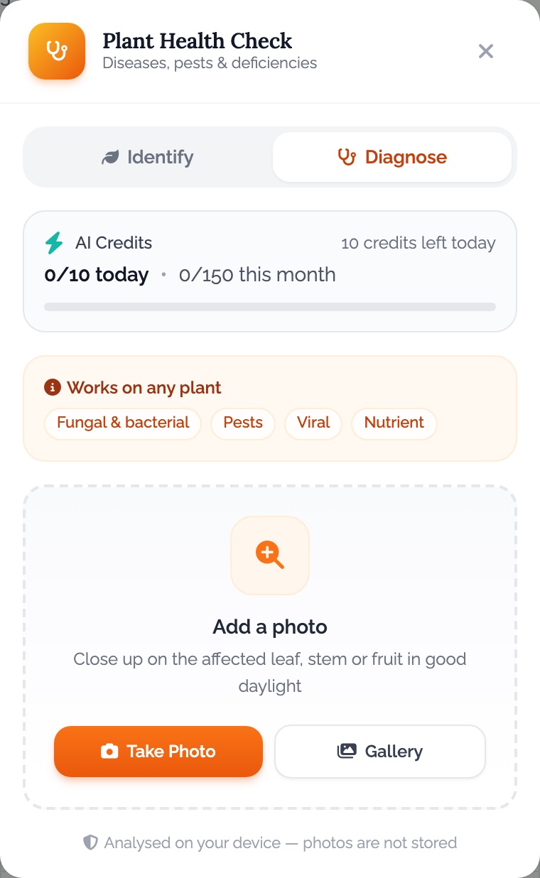 The Plant Health Check screen in the EdenVatika app on an Android phone: Identify and Diagnose tabs, AI credits 0 of 10 today and 0 of 150 this month, Works on any plant — fungal and bacterial, pests, viral, nutrient — and Take Photo or Gallery buttons. Analysed on your device, photos are not stored.