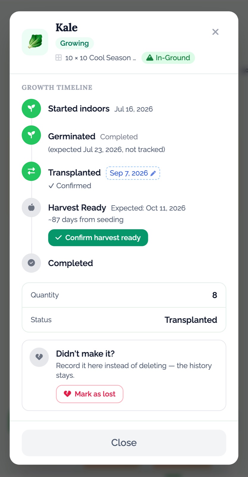 A plant’s detail panel in the EdenVatika app on an Android phone: Kale’s growth timeline from Started indoors Jul 16, Germinated and Transplanted Sep 7 to Harvest Ready expected Oct 11 with a Confirm harvest ready button, plus quantity, status and a Mark as lost option