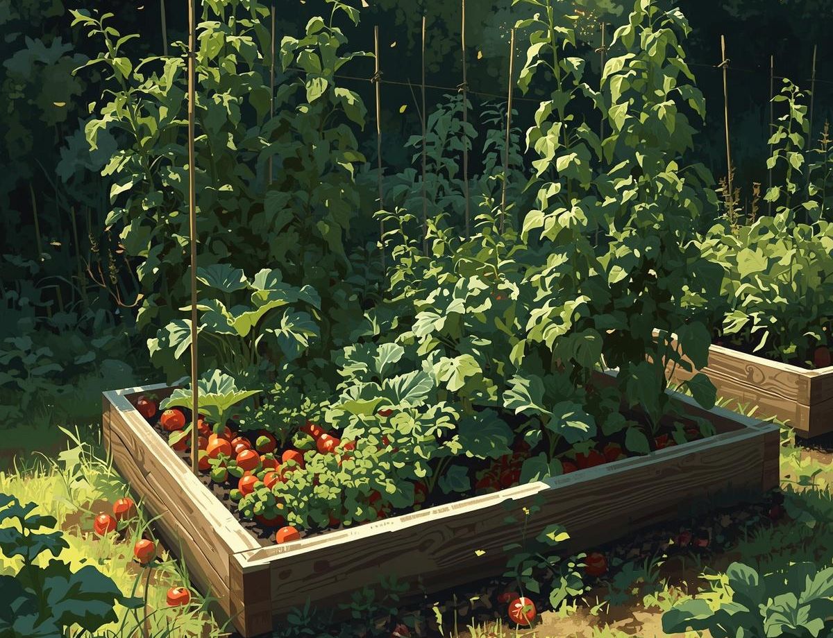raised bed garden showing tall crops staked at the back, shorter crops in the foreground